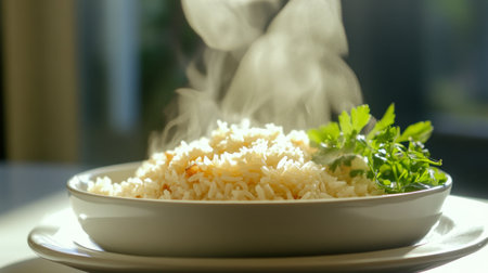 A close-up shot of steaming rice served on a white plate, garnished with fresh herbs. Perfect for illustrating healthy cuisine and comforting meals.の素材