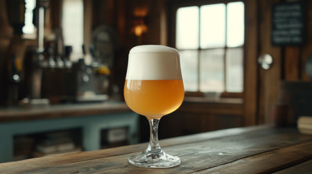 A refreshing glass of golden beer with a frothy head sits on a rustic wooden bar counter, inviting relaxation and social moments in a cozy pub setting.の素材