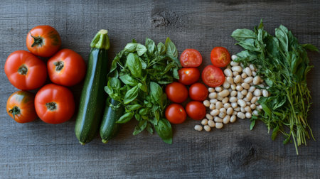 Vibrant assortment of fresh vegetables and herbs arranged on a rustic wooden surface, showcasing tomatoes, zucchini, beans, and aromatic basil for culinary inspiration.の素材
