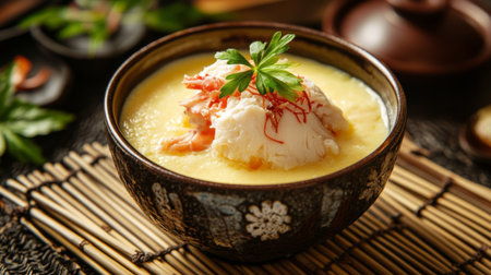 A rich and creamy seafood soup served in an elegant bowl, garnished with fresh herbs and saffron. Perfect for gourmet dining experiences.の素材