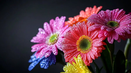 This stunning close-up features vibrant flowers with dew drops, showcasing nature's beauty and freshness. Perfect for themes of vitality and spring.の素材
