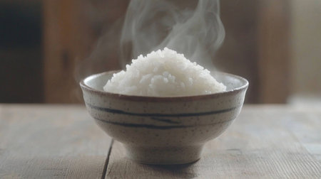 A steaming bowl of white rice sits elegantly in a rustic setting. The warm steam rises, inviting a sense of comfort and nourishment for any meal.の素材