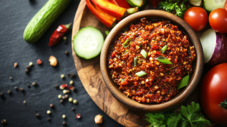 A vibrant display of fresh vegetables accompanied by a spicy red sauce in a rustic wooden bowl, perfect for enhancing your culinary creations.の素材