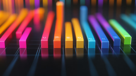 Vibrant and modern data visualization featuring colorful bars, ideal for highlighting analysis, statistics, and digital trends in presentations or reports.の素材
