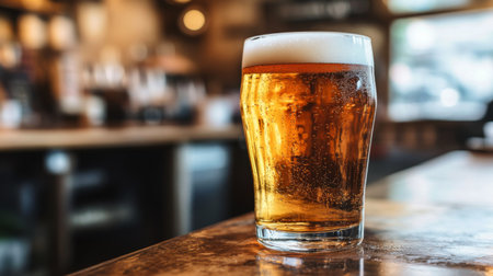 A refreshing glass of beer sits on a wooden table in a cozy bar, capturing the essence of relaxation and social enjoyment in a lively atmosphere.の素材