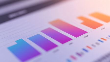 Colorful bar graphs and charts illustrate trend analysis and data visualization in a modern style. Perfect for business reports and presentations.の素材