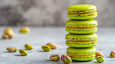 A stylish stack of green macarons with a delicate pistachio filling, surrounded by scattered pistachios. Perfect for gourmet dessert presentations.の素材
