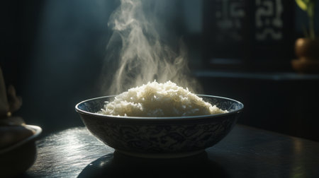 A steaming bowl of rice emits fragrant steam in soft light, showcasing its delicate texture and inviting warmth. Perfect for culinary themes and food photography.の素材