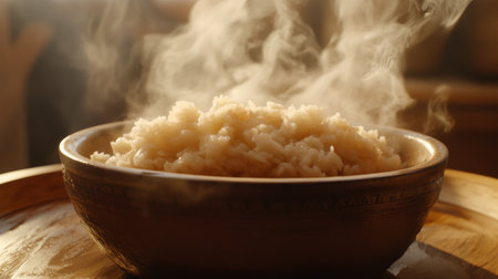 A close-up image of a steaming bowl of freshly cooked rice, showcasing its warm texture and inviting aroma. Perfect for culinary use.の素材