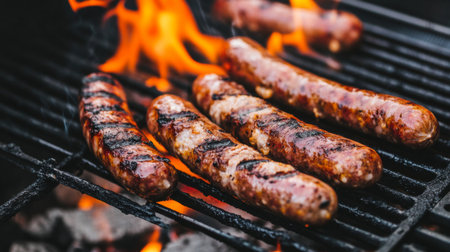 Juicy sausages sizzling on a barbecue grill, surrounded by vibrant flames. Perfect for summer gatherings, picnics, and outdoor cooking events.の素材
