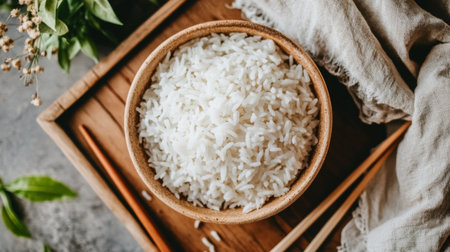 Beautifully arranged bowl of white rice sits on a rustic wooden tray, surrounded by soft fabrics and greenery, embodying a natural and healthy cooking style.の素材