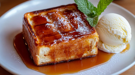 A delectable dessert featuring toasted bread topped with syrup, served alongside a scoop of creamy ice cream and mint garnish, perfect for any occasion.の素材