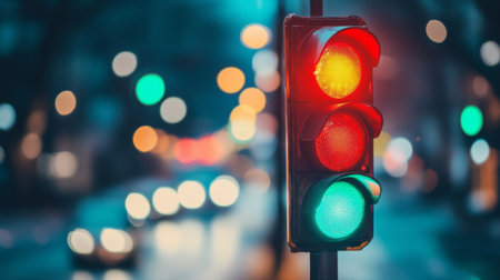 A vibrant urban scene featuring a traffic light with red, yellow, and green signals. The background displays blurred street activity, creating a lively night atmosphere.の素材