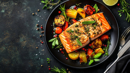A beautifully plated grilled salmon fillet served with vibrant vegetables and herbs, perfect for a healthy and delicious meal on any occasion.の素材