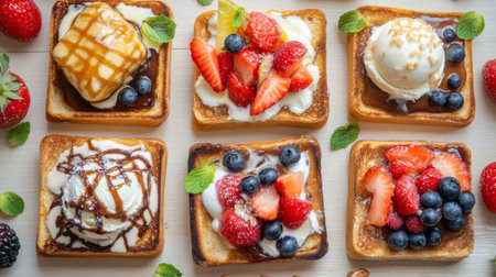 A vibrant assortment of gourmet toast topped with fresh fruits and ice cream. Perfect for breakfast, dessert, or a sweet snack. Ideal for culinary inspiration.の素材