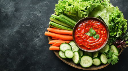 A vibrant assortment of fresh vegetables including cucumber, carrot, and lettuce, paired with a flavorful red dipping sauce, perfect for healthy snacking.の素材
