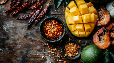 A vibrant assortment of fresh ingredients, featuring mango, shrimp, and various spices, perfect for creating delicious and flavorful dishes.の素材