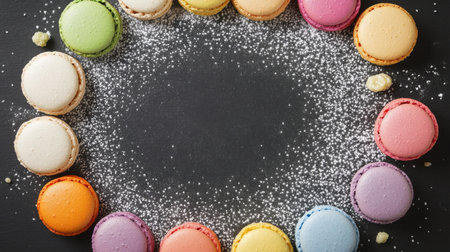 A vibrant assortment of macarons arranged in a circle, surrounded by a dusting of powdered sugar. Perfect for showcasing sweetness and celebration.の素材