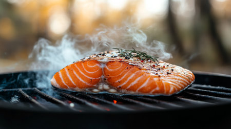 Savory grilled salmon fillet garnished with aromatic herbs and spices. Perfect for summer gatherings, this dish embodies fresh flavors and healthy nutrition.の素材