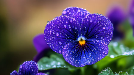 A close-up image of a vibrant purple flower adorned with dew drops, capturing the essence of beauty in nature. This photo evokes freshness and tranquility.の素材