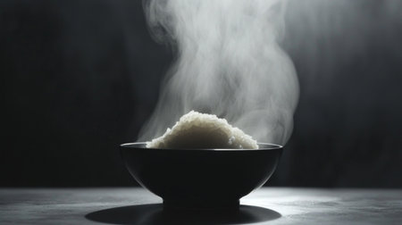 A steaming bowl of rice emits vapor in a dark setting, creating a warm and inviting atmosphere. Ideal for culinary themes, comfort food, and Asian cuisine.の素材