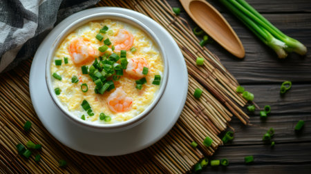 A delicious bowl of shrimp with green onions offers a creamy texture and inviting presentation. Perfect for a cozy meal or social gathering.の素材