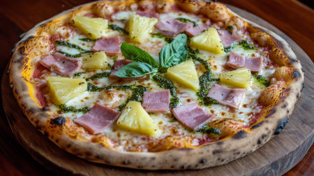 A mouth-watering Hawaiian pizza topped with pineapple, ham, and fresh basil, showcasing vibrant colors and a delicious flavor perfect for any meal.の素材