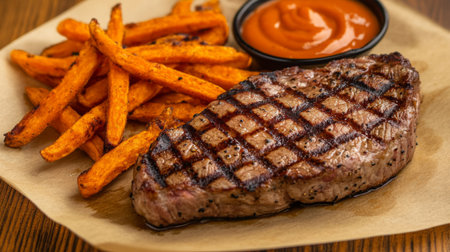 A beautifully grilled steak served alongside crispy sweet potato fries and a tangy sauce, perfect for any meal. A delicious and hearty option.の素材