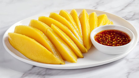 A stylish presentation of fresh mango slices served with a sweet dipping sauce on a white plate, showcasing vibrant colors and textures. Perfect for food photography.の素材