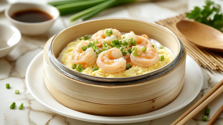 A mouthwatering shrimp dish presented in a bamboo steamer, topped with fresh green onions. Perfect for culinary enthusiasts and seafood lovers.の素材
