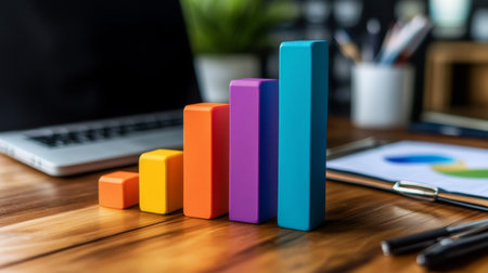 A vibrant bar graph on a wooden desk symbolizes growth and progress in analytics. Ideal for business, finance, and strategy themes in presentations and marketing.の素材