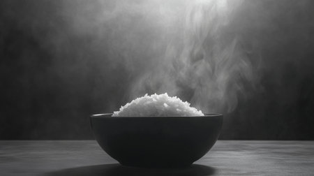 A striking monochrome image of a steaming bowl of rice, capturing the essence of simplicity and warmth in a culinary setting. Perfect for food enthusiasts.の素材