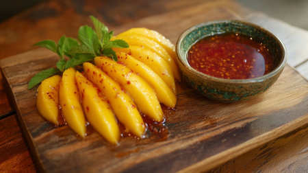 Enjoy vibrant mango slices drizzled with a spicy dipping sauce, perfect as a refreshing appetizer or snack. A burst of tropical flavor awaits!の素材