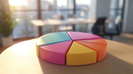A colorful pie chart rests on a wooden table in a bright modern office, highlighting data analytics and creative planning tools in a contemporary workspace.の素材