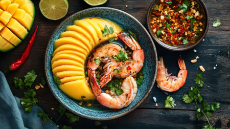 A vibrant dish featuring succulent shrimp paired with sliced mango, garnished with herbs and spices, evoking a tropical culinary experience.の素材
