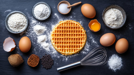 A flat lay image showcasing fresh ingredients for homemade waffles, including eggs, flour, and sugar. Perfect for culinary inspiration and recipe design.の素材