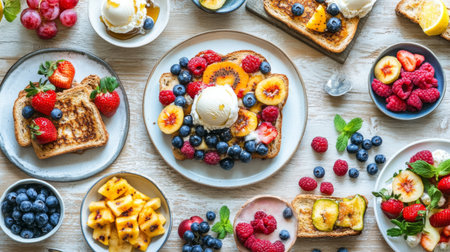 A vibrant breakfast scene featuring various fresh fruits, ice cream, and toasted bread arranged artfully on a wooden table, perfect for a summer brunch.の素材