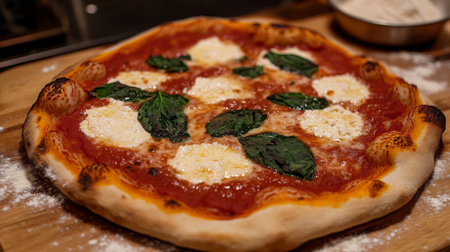 A freshly baked margherita pizza featuring mozzarella cheese, fresh basil, and rich tomato sauce on a wooden board, perfect for culinary enthusiasts.の素材