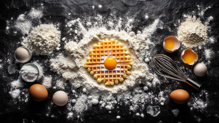 A creative flatlay of waffle preparation featuring eggs, flour, and kitchen tools. Perfect for showcasing culinary artistry and breakfast recipes.の素材