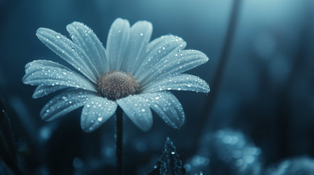 This stunning close-up features a dewy flower with delicate petals glistening in soft blue light. Perfect for nature and beauty themes.の素材