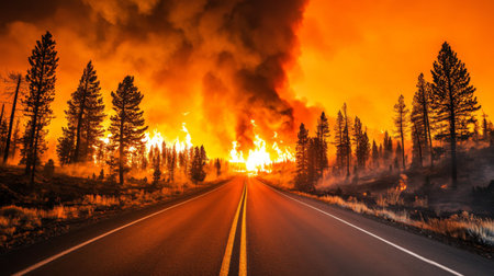 A striking view of a wildfire engulfing trees along a deserted road. The vibrant flames and thick smoke create a dramatic and alarming scene in nature.の素材