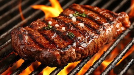 A perfectly grilled steak sizzling on a barbecue with flames dancing around it. This image showcases the delicious texture and culinary appeal of grilled meat.の素材