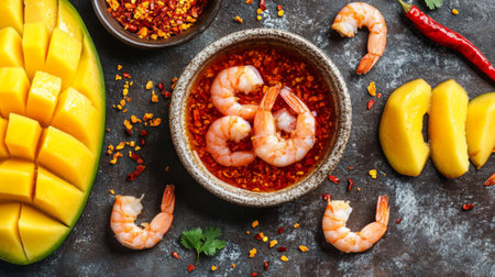 A vibrant arrangement of fresh mango slices and shrimp served with a spicy sauce. This colorful dish highlights tropical flavors and healthy ingredients.の素材