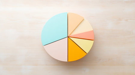 A vibrant pie chart in pastel colors arranged on a wooden surface, perfect for use in business presentations, data analysis, or creative design projects.の素材