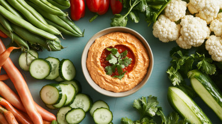 A vibrant arrangement of fresh vegetables surrounding a healthy dip in a bowl. Perfect for showcasing nutritious snacks and colorful meals.の素材