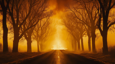 A serene road enveloped by trees under a golden sunset haze. The atmospheric scene creates a mysterious and tranquil vibe, perfect for nature lovers.の素材