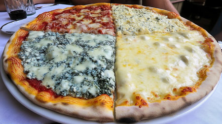 Enjoy a mouthwatering gourmet pizza featuring four distinct flavors, perfect for sharing at a dining table. Ideal for lunch or dinner.の素材