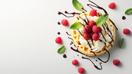 A delicious waffle topped with fresh raspberries, whipped cream, and a drizzle of chocolate sauce. Perfect for desserts or breakfast delights.の素材