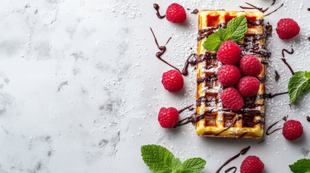 A mouthwatering waffle topped with fresh raspberries, drizzled with chocolate sauce, and garnished with mint leaves, perfect for desserts or breakfast.の素材