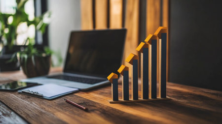 A modern office workspace featuring a wooden desk, a laptop, and a growth chart model, symbolizing business development and success strategies.の素材